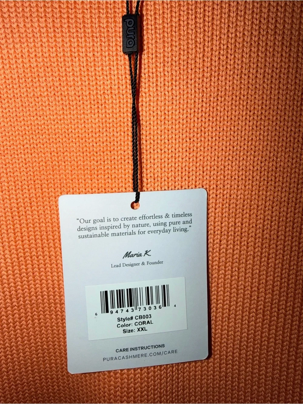 Pura Cashmere bright coral orange shaker knit crewneck sweater quiet luxury